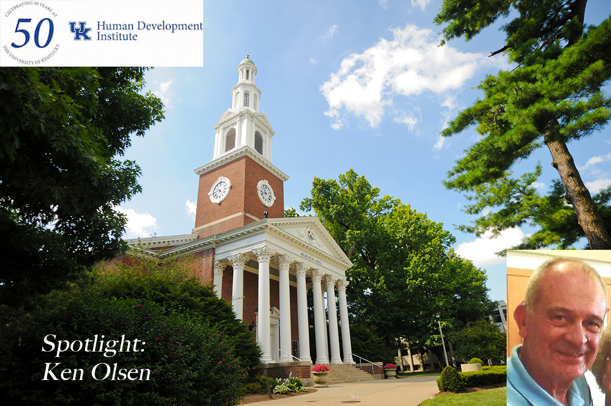 Photo of Memorial Hall at UK with a small photo of an older man, Ken Olsen, in the lower right hand corner.