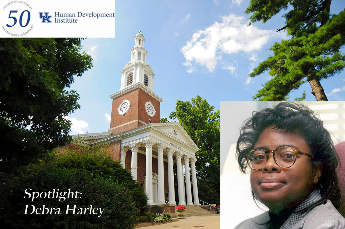 Image of Memorial Hall with the HDI 50th Anniversary logo, text that says Spotlight: Dabera Harley, and an overlaid image of a middle-aged African American woman