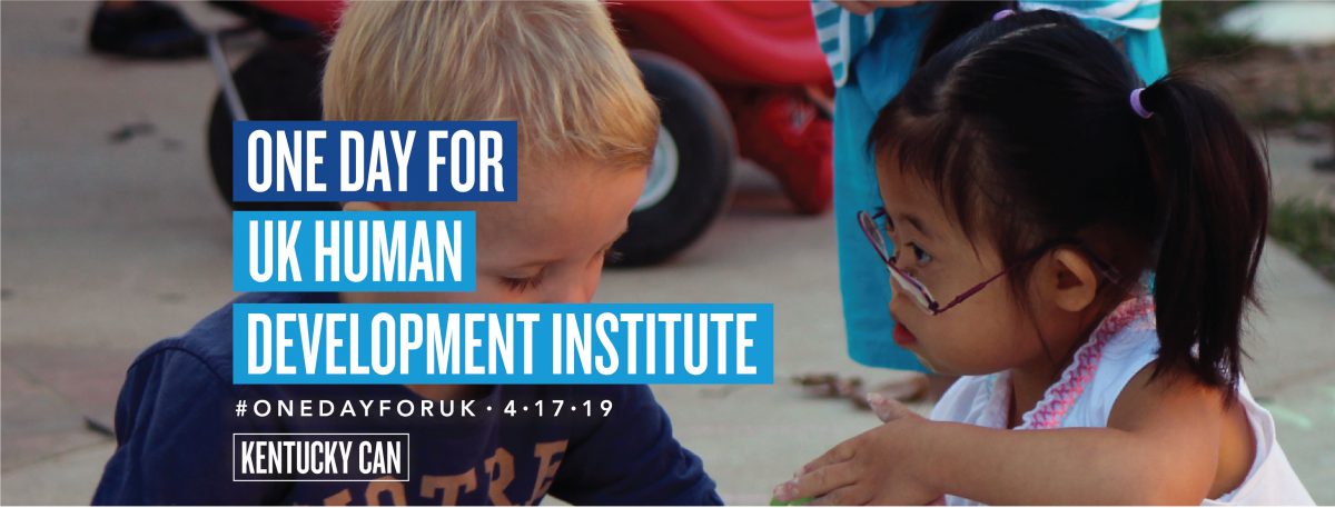 Little girl with Down syndrome and boy playing at preschool with text that read One Day for UK Human Development Institute.